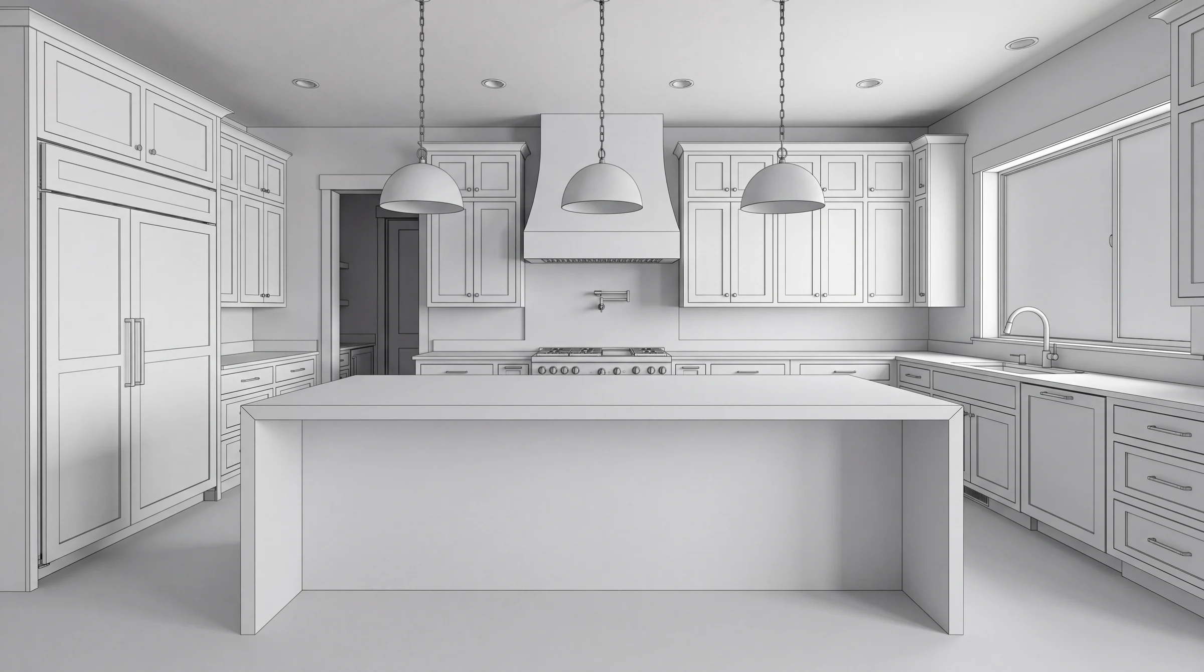 The same kitchen as a 3D CAD render